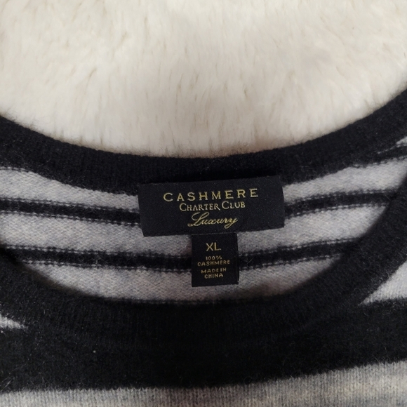 Charter Club 100% Cashmere Pullover Sweater Striped Crewneck Black Grey Size XL - Picture 4 of 5